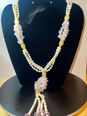 Pearl and Yellow Agate Multi-Strand Necklace with Rose Quartz Clusters